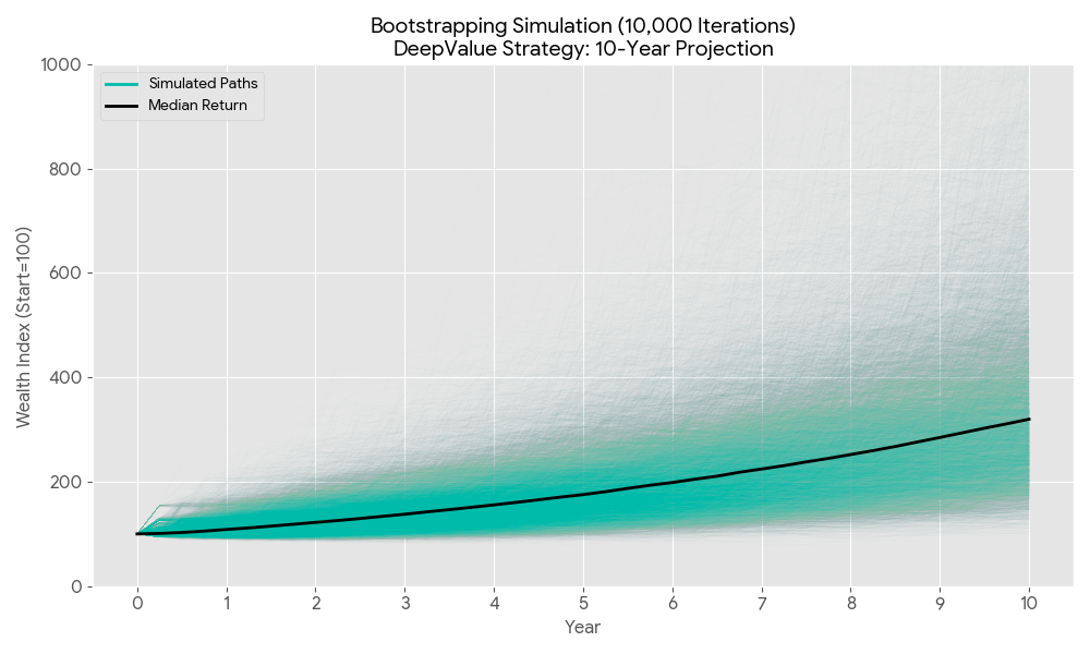 DeepValue Strategy Monte Carlo Simulation Performance After Fees 2017-2025 - ผลการจำลองผลตอบแทนและความเสี่ยงหลักหักค่าใช้จ่าย ด้วยการสุ่มของกลยุทธ์การลงทุนของกองทุนส่วนบุคคล DeepValue